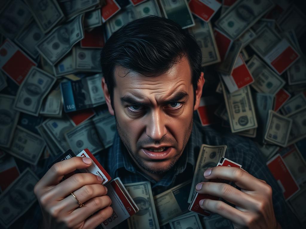 Osoba zahlcená kreditními kartami a účty